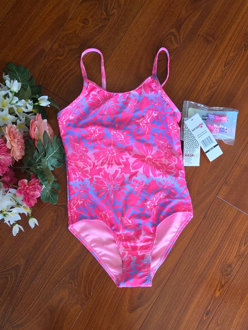 Kensie Girls Pink Floral One-Piece Swimsuit With Hair Clips; Size Girls 7/8